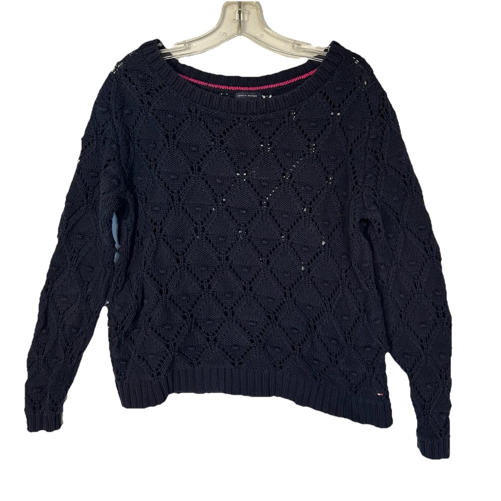 Tommy Hilfiger Navy Blue Crochet Cotton Loose Knit Sweater Womens Size Large